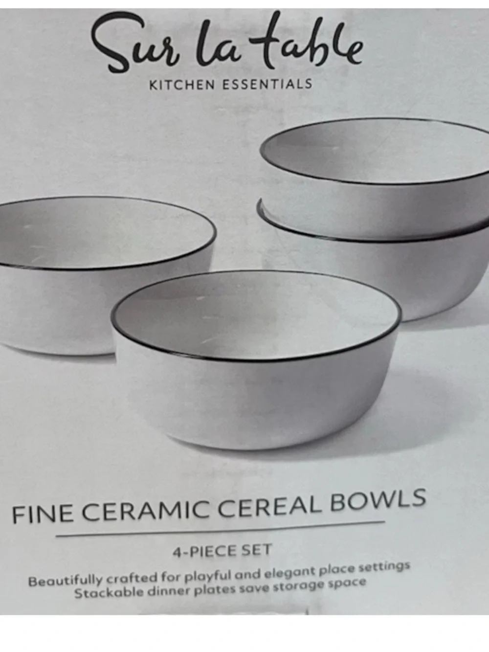 Sur La Table Fine Ceramic 5.75” Cereal Bowls White / Black Rim Set of 4 New